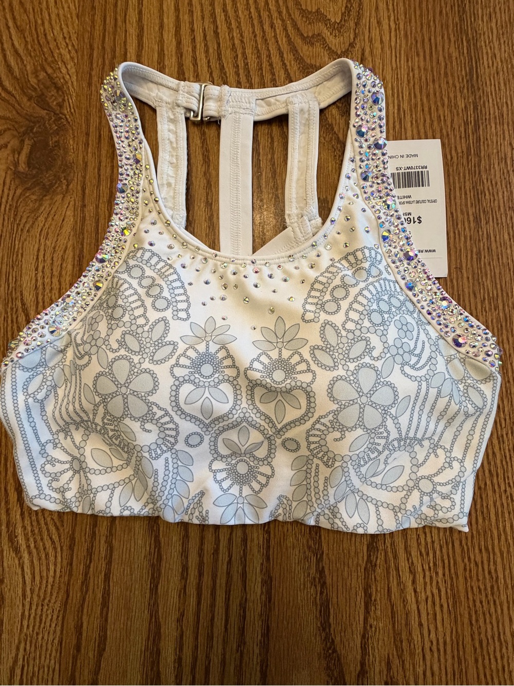 Embellished White Floral Racerback Sports Bra